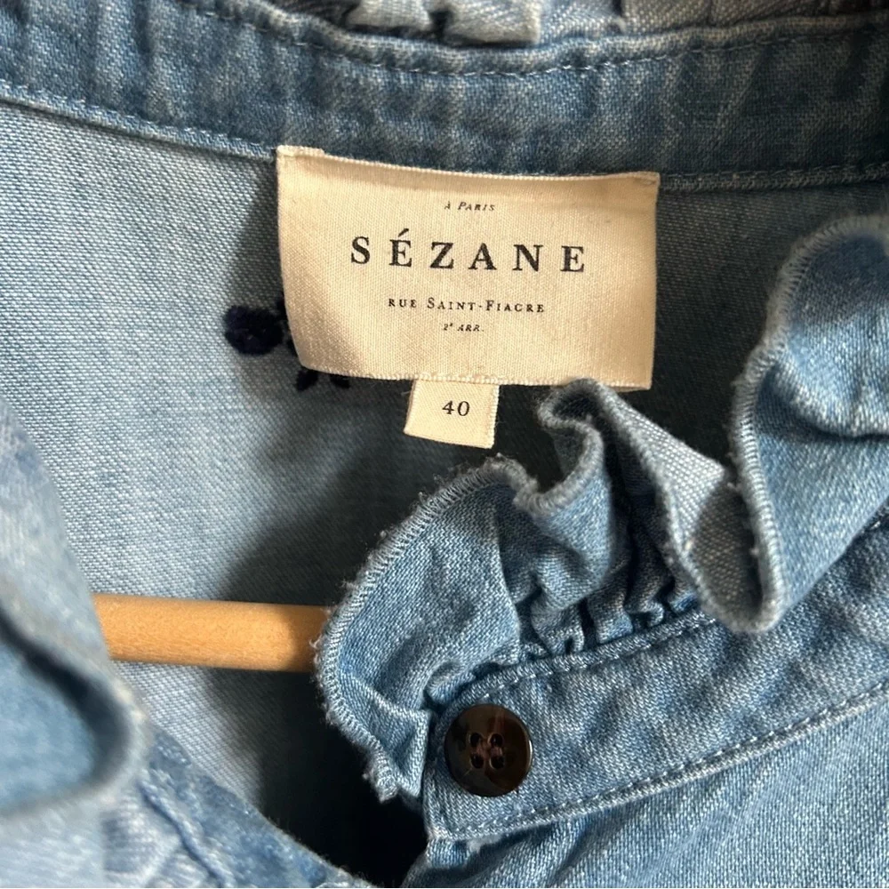 Sézane Chlo Blue Ruffle Denim Shirt Floral Embroidery - Picture 7 of 10